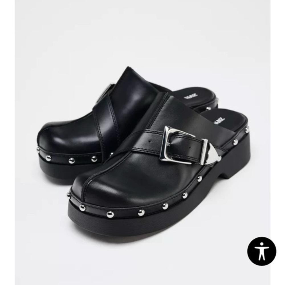 Zara Black Studded Platform Clogs with Silver Buckle